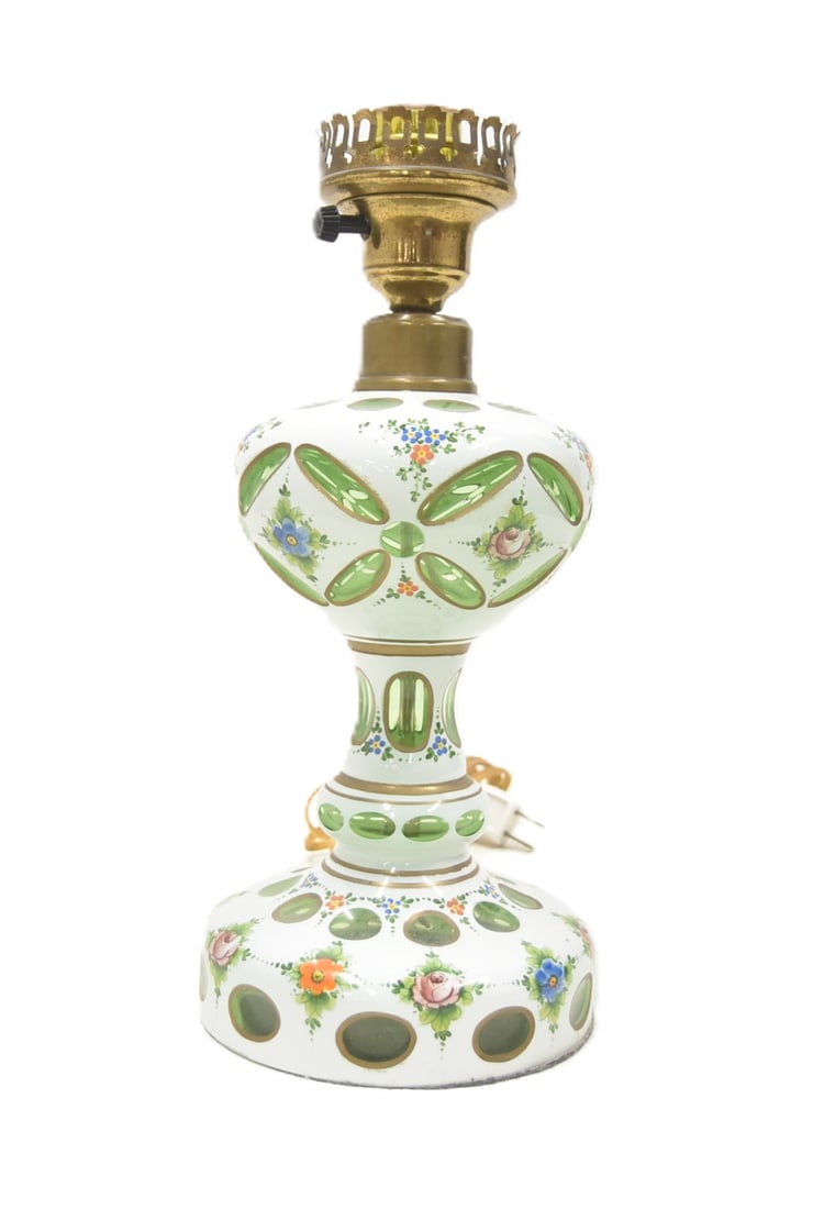 CZECH GREEN CASED GLASS OIL LAMP: CZECHOSLAVAKIAN GREEN & WHITE CASED GLASS OIL LAMP WITH FLORAL DECORATIONS - 6" x 13"