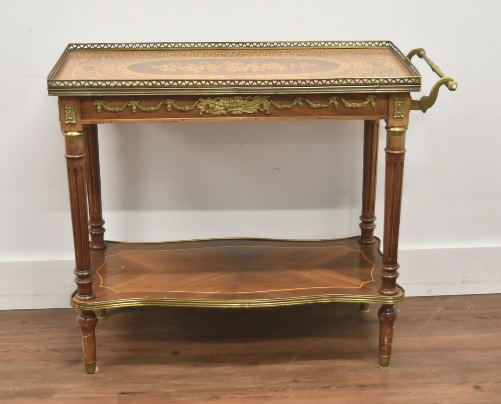 FRENCH STYLE DESSERT STAND WITH BRONZE MOUNTS: FRENCH STYLE INLAID DESSERT STAND WITH BRONZE MOUNTS - 35" x 16" x 29"