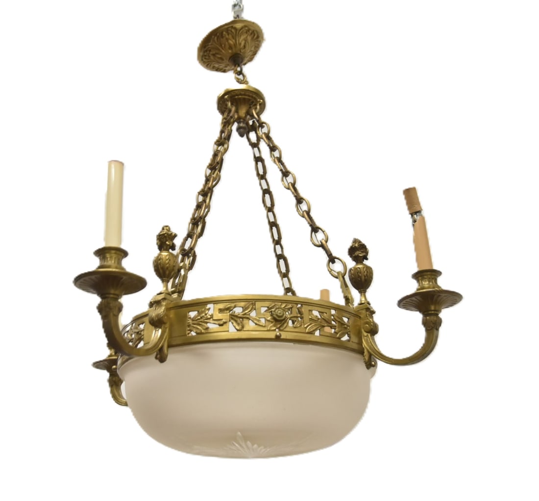 BRONZE CHANDELIER WITH CRYSTAL DOME: ANTIQUE FRENCH BRONZE CHANDELIER WITH FROSTED CRYSTAL DOME - 19" x 31"