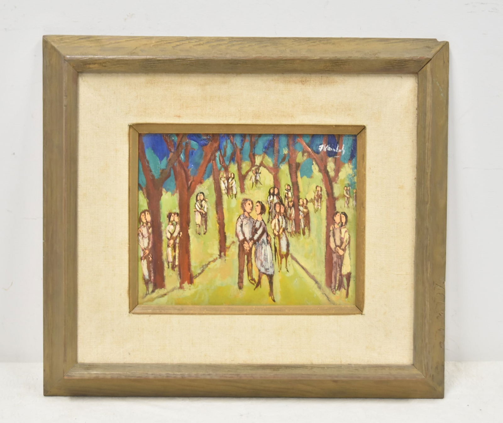 FRANK KLEINHOLZ , OIL ON PANEL PAINTING: FRANK KLEINHOLZ (AMERICAN, 1901-1987) OIL ON PANEL OF FIGURES STANDING BY TREES , SIGNED F KLEINHOLZ TITLED INVERSO "ALONE AT LAST" 9" x 7" ; OVERALL FRAMED IS 18" x 16"
