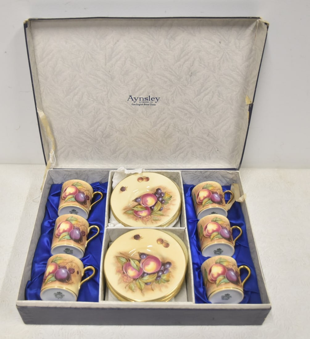 AYNSLEY ENGLAND PORCELAIN CUPS & SAUCERS: AYNSLEY ENGLAND FINE BONE CHINA SET OF (6) CUPS & SAUCERS WITH FRUIT DESIGNS ; SET IN ORIGINAL PRESENTATION BOX - EACH CUP & SAUCER IS 5" x 3" OVERALL (BOX HAS SOME LOSS)