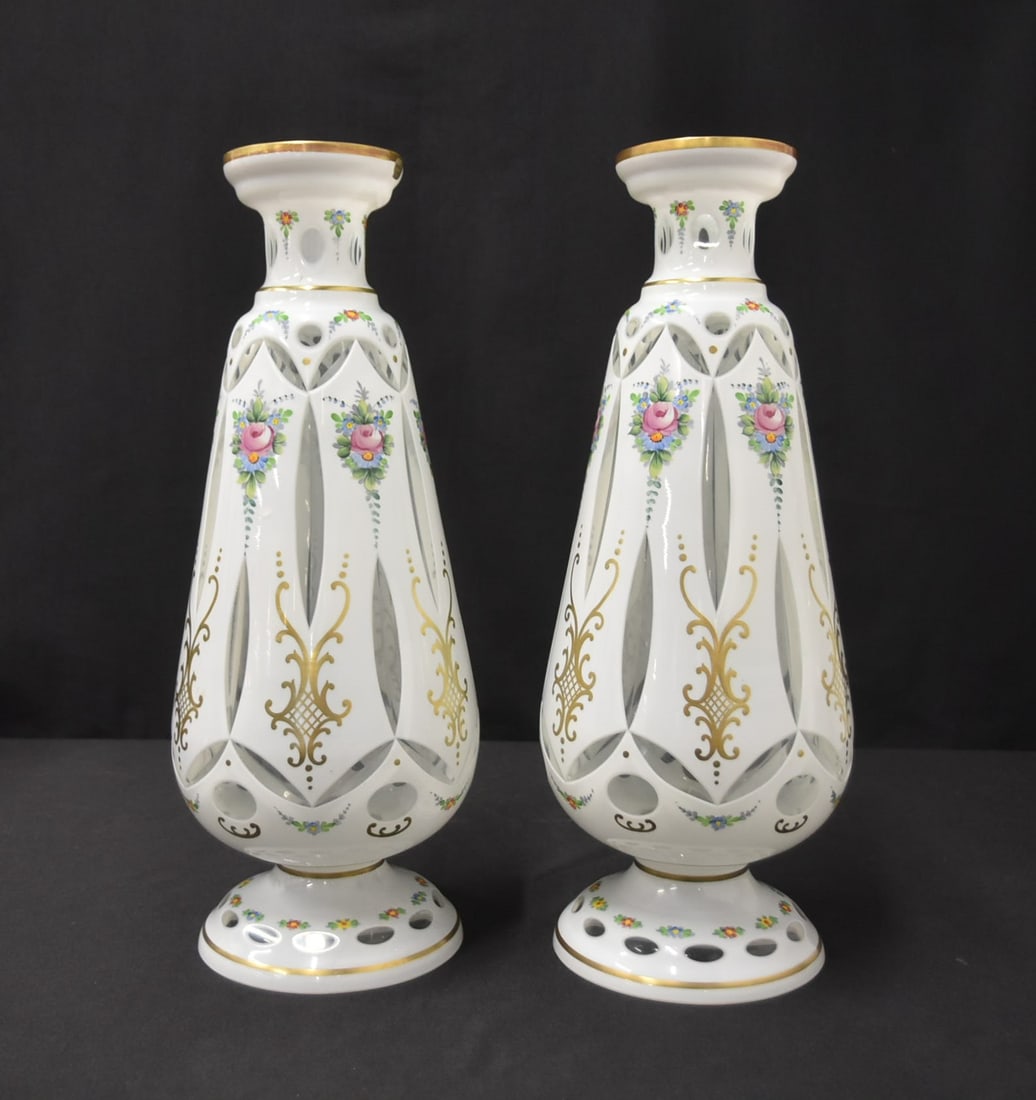PAIR CZECH BOHEMIAN CUT TO CLEAR VASES: PAIR CZECHOSLAVAKIA BOHEMIAN GLASS WHITE CUT TO CLEAR LAMP BASES WITH FLOWERS - 6" x 16"