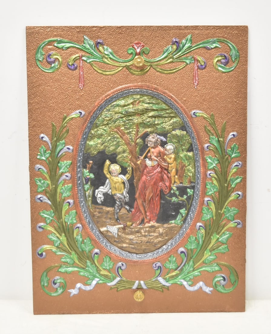 COLD PAINTED IRON FIREPLACE INSERT: ANTIQUE COLD PAINTED IRON FIREPLACE INSERT ; WITH RECENTLY PAINTED HIGHLIGHTS OF WOMAN PLAYING WITH CHERUBS - 20" x 26 1/2"