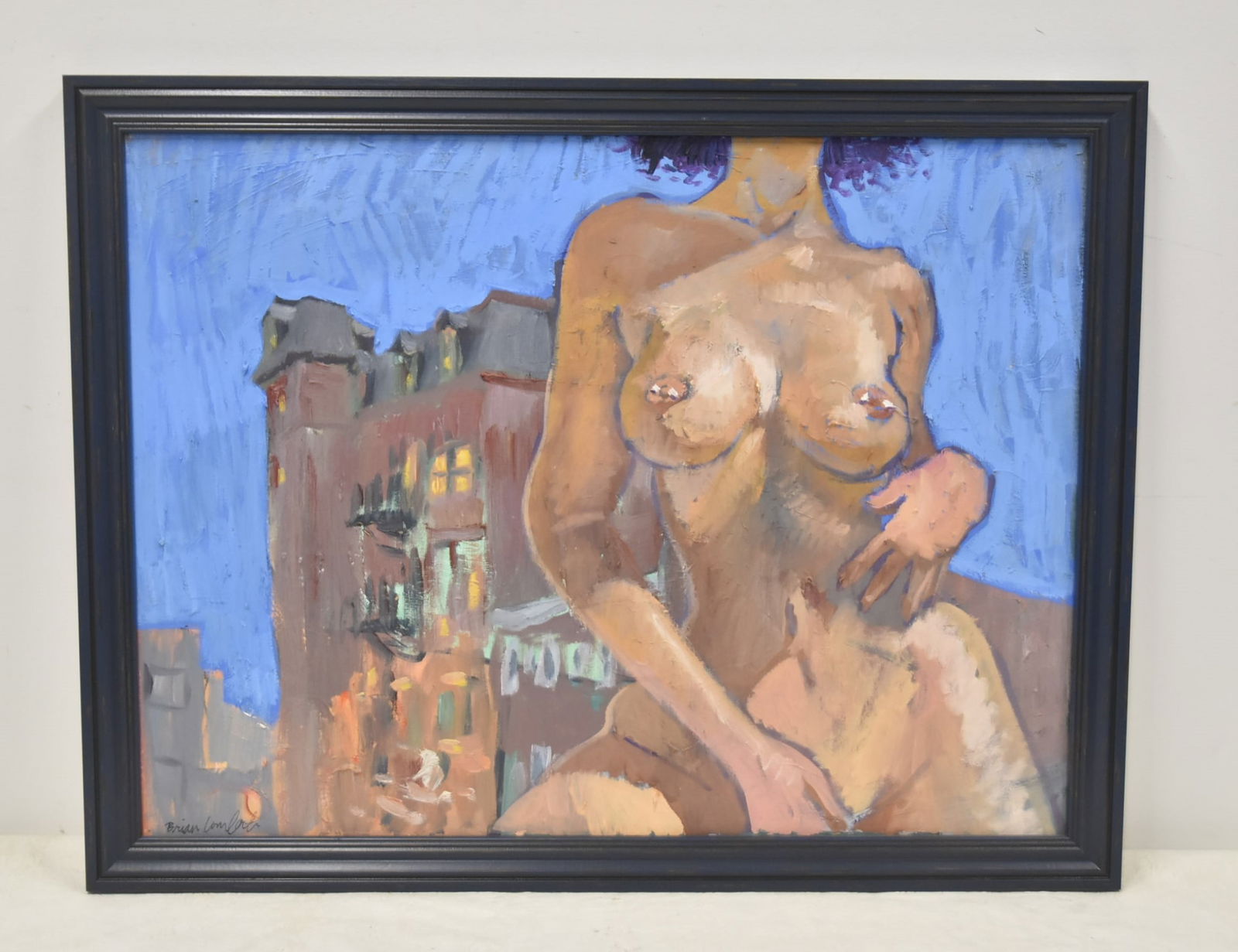 BRIAN LOMBARD , OIL ON CANVAS FIGURAL SCENE: BRIAN LOMBARD , OIL ON CANVAS FIGURE LEANING AGAINST BUILDING , SIGNED LOWER RIGHT - 23 1/2" x 18" ; 26" x 20 1/2" OVERALL