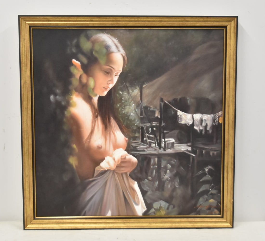 OIL ON CANVAS FEMALE NUDE ASIAN LADY: ATTRIBUTED TO DARYL ZANG OIL ON CANVAS FEMALE NUDE ASIAN WOMAN WITH FLOWERS IN HAIR , SIGNED D ZANG NAN , LOWER RIGHT 29" x 29" ; 32 1/2" x 32 1/2" OVERALL