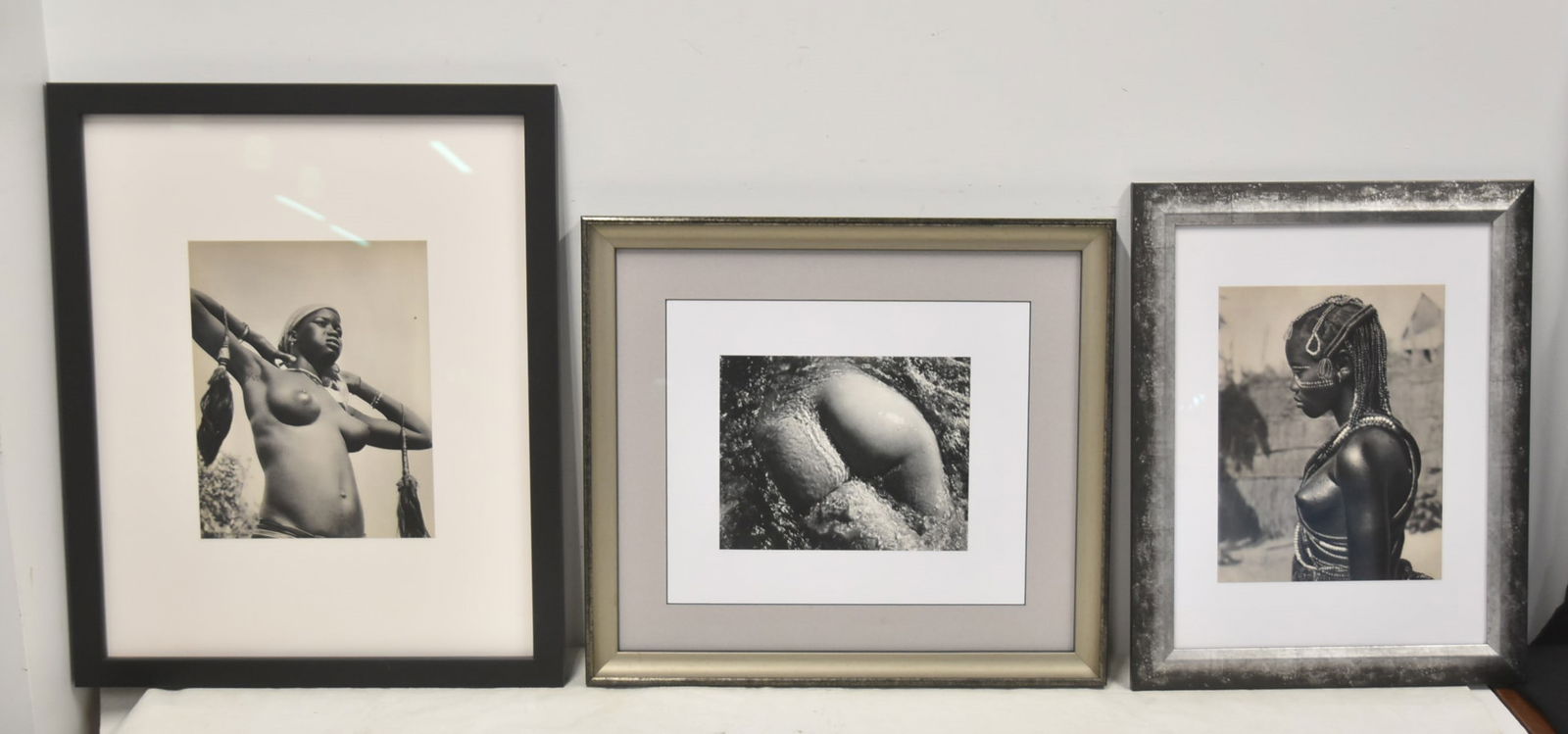 (3) VINTAGE PRINT PLATE PHOTOGRAPHS: LUCIEN CLERGUE (FRANCE, 1934-2014) FEMALE NUDE STUDY PHOTOGRAVUE SILVER GELATIN , PRINTED BY PIERRE BELFOND EDITIONS , IMAGE SIZE IS 7" x 9" ; 12" x 16" / AFRICAN NUDE BLACK FEMALE PHOTOGRAVURE SILVER