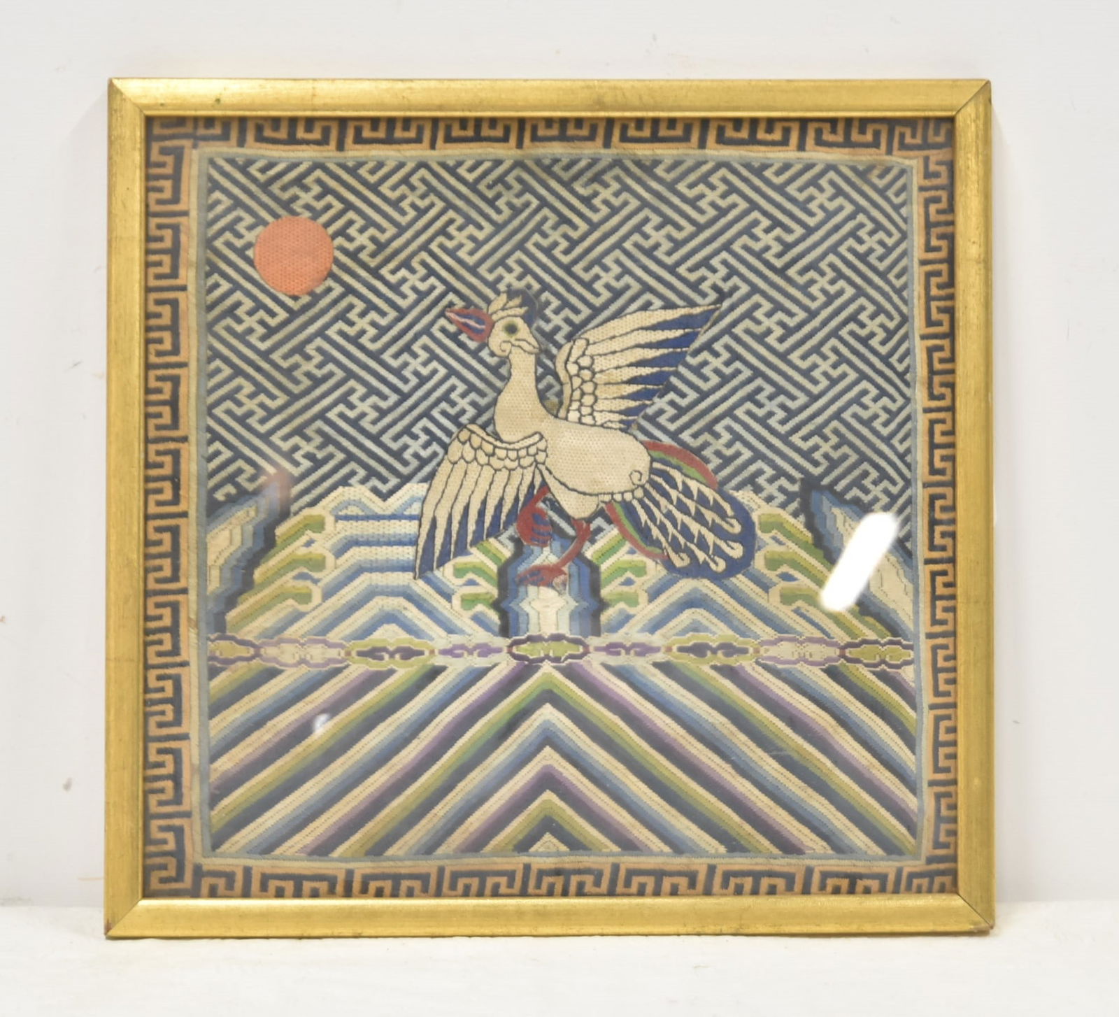 CHINESE EMBROIDERY PATCH WITH PHEONIX BIRD: ANTIQUE CHINESE EMBROIDERY WITH PHEONIX BIRD - 12" x 12"