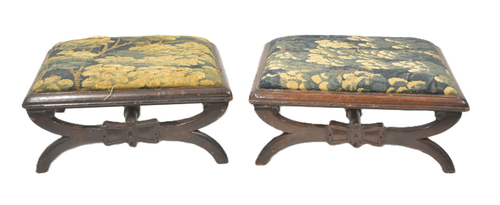 (Pr) ANTIQUE WALNUT & NEEDLEPOINT X FOOT STOOL: (Pr) ANTIQUE WALNUT GOUT X CROSS SECTION FOOTSTOOL WITH NEEDLE POINT UPHOLSTERY - 15" x 14" x 7" (SOME WEAR TO NEEDLEPOINT)