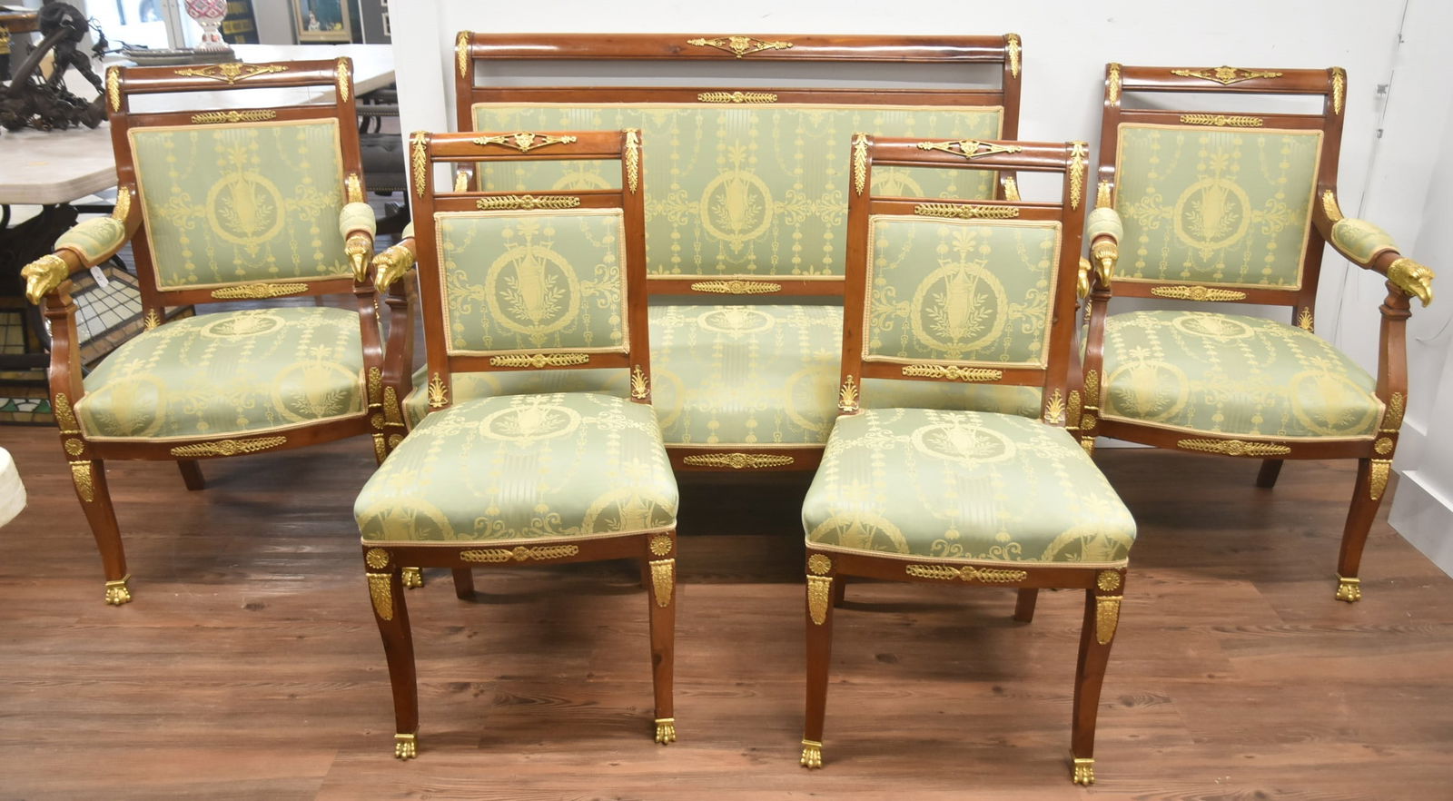 FRENCH EMPIRE STYLE BRONZE MOUNTED PARLOR SET: (5)pc ANTIQUE FRENCH EMPIRE STYLE SALON SET CONSISTING OF UPHOLSTERED SETTEE , PAIR ARM CHAIRS & PAIR SIDE CHAIRS WITH GILT BRONZE MOUNTS EAGLE HEADS ON ARMS & APPLIED HERMES MASKS -ARM CHAIR IS 24" x