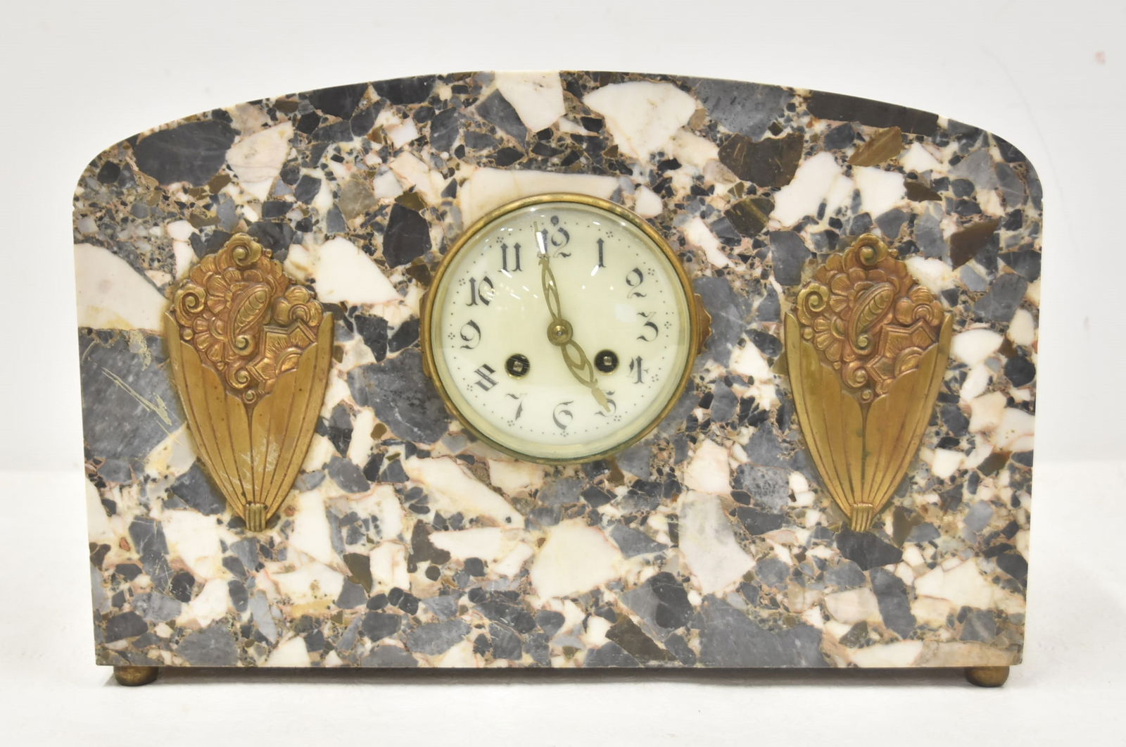 FRENCH ART DECO MARBLE MANTLE CLOCK: FRENCH ART DECO MANTEL CLOCK WITH GILT METAL MOUNTS - 16" x 4" x 10 1/2"