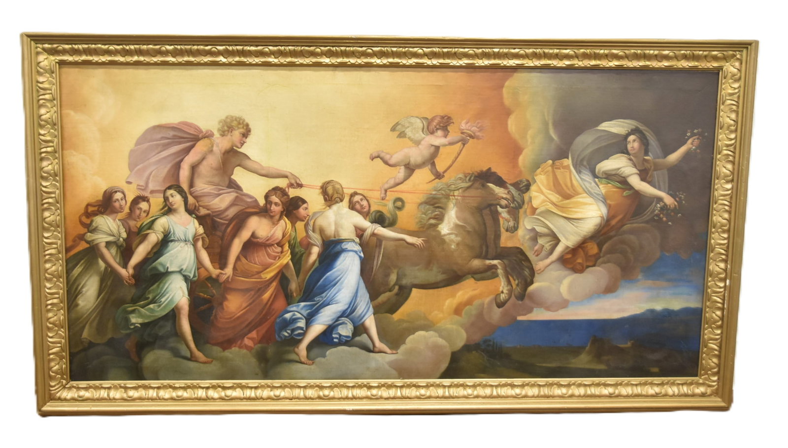 LUIGI CALZOLARI , MYTHOLOGICAL AURORA GROUPING: AFTER GUIDO RENI LUIGI CALZOLARI (ITALIAN, 19th CENTURY) LARGE OIL ON CANVAS MYTHOLOGICAL GROUPING PAINTING OF AURORA OIL IS 61" x 30" ; 67" x 35" OVERALL IN GILTWOOD FRAME (HAS BEEN RELINED) CANVAS I