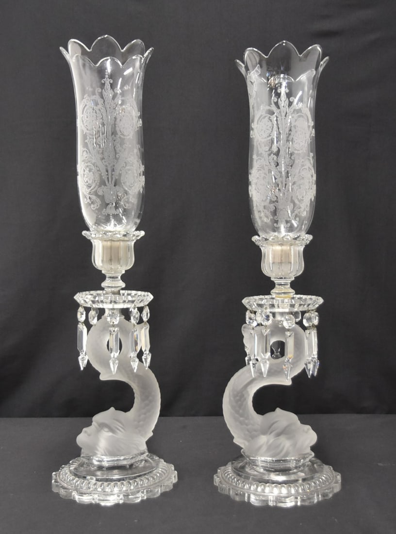 PAIR BACCARAT SERPENT HURRICANE CANDLE STICKS: (Pr) BACCARAT DOLPHIN CANDELABRAS WITH ETCHED HURRICANE SHADES HAVING ACANTHUS & SCROLLWORK - 7" x 24"