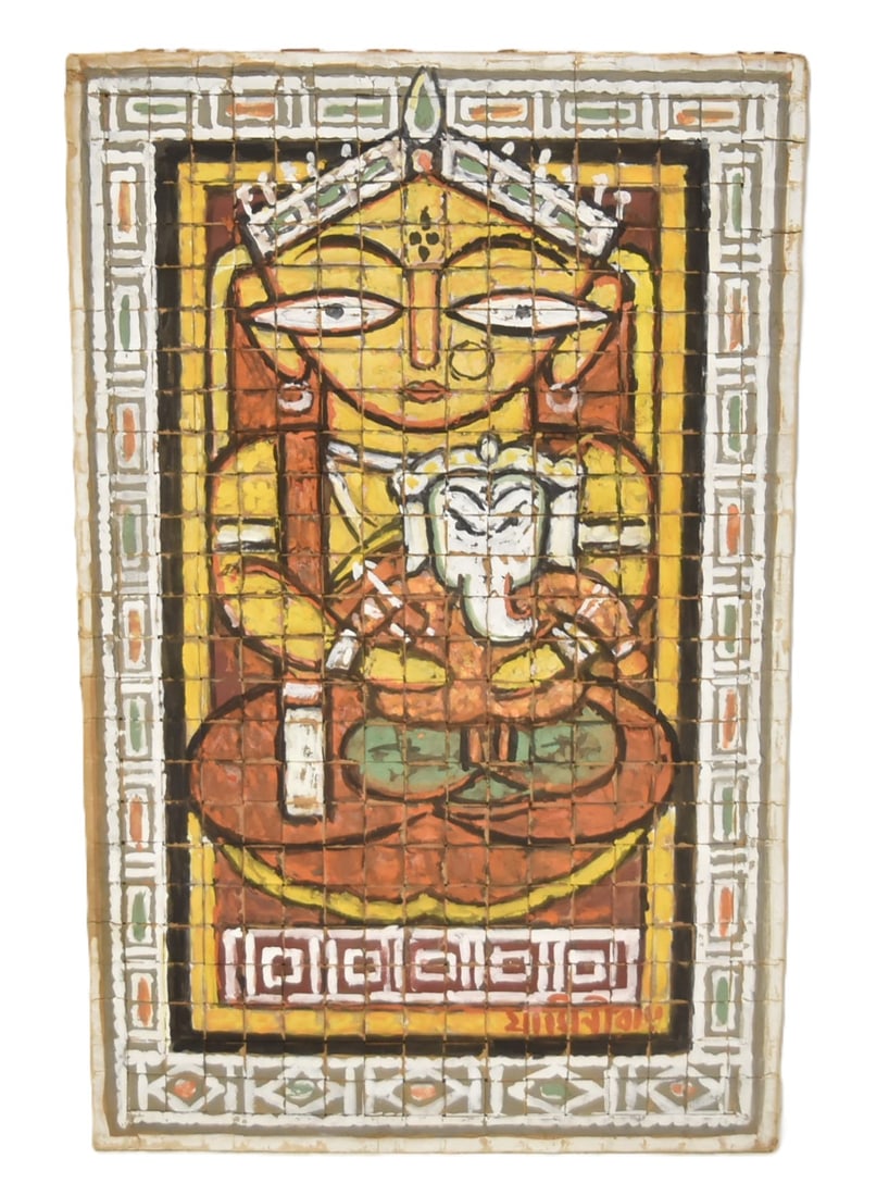 JAMINI ROY , TEMPERA ON WOVEN BAMBOO MAT: JAMINI ROY (INDIAN , 1887-1972) TEMPERA PAINTING ON WOVEN BAMBOO MAT DEPCITING MAHADEVA SEATED WITH ELEPHANT GOD GANESH SIGNED IN BENGALI , LOWER RIGHT WITH ARTIST INFO LABEL HAND PAINTED ON MAT PREPA