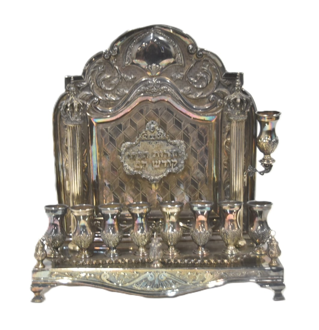 JUDAICA STERLING SILVER OIL LAMP MENORAH: JUDAICA STERLING SILVER OIL LAMP MENORAH 12 1/2" x 4 1/2" x 13 1/2" ; 53ozt