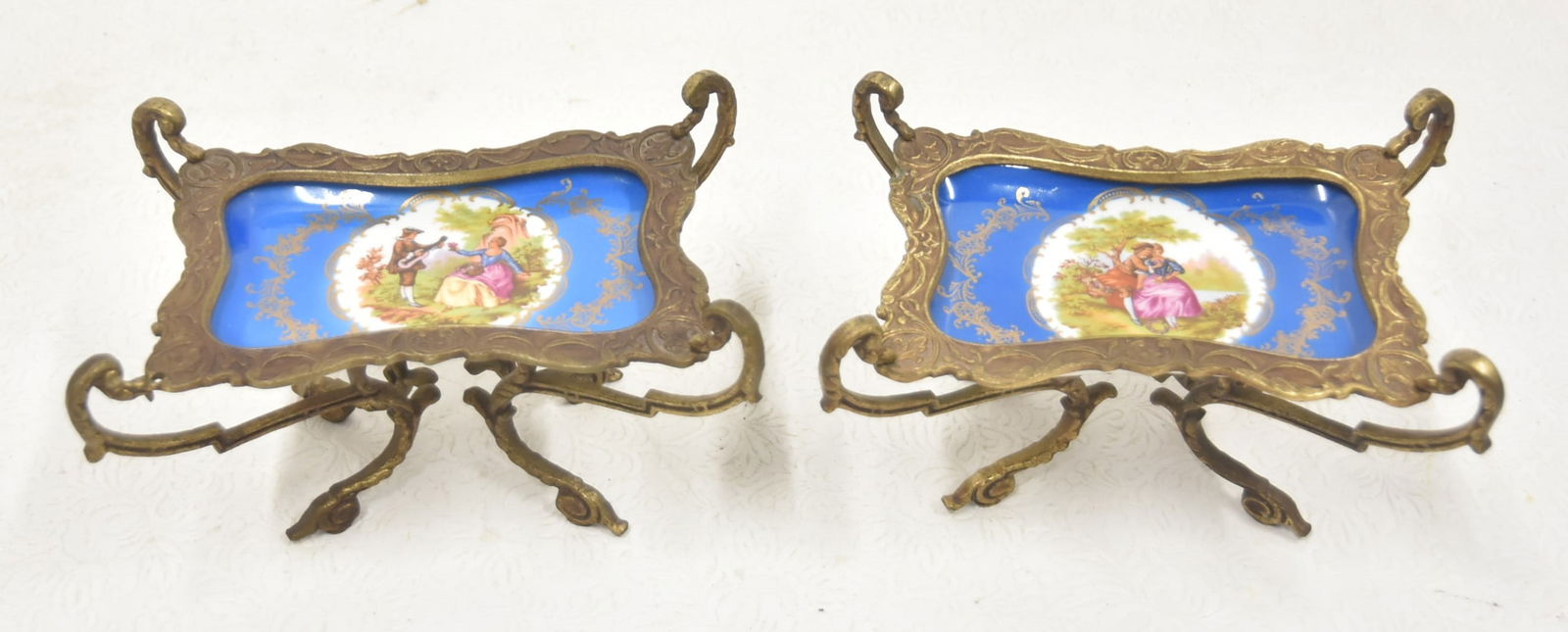 (2) SEVRES STYLE PORCELAIN & BRONZE TAZZA: (2) SEVRES STYLE PORCELAIN TAZZA WITH BRONZE FRAME - 7 1/2" x 5" x 4 1/4"