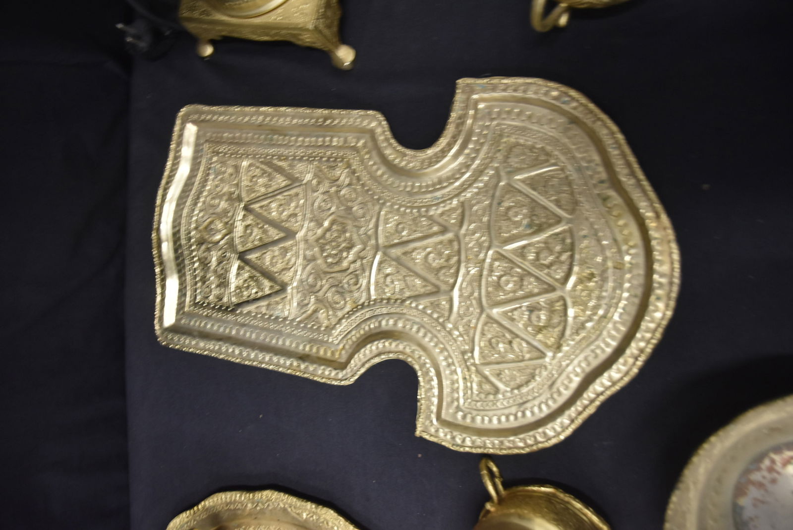 PERSIAN GILDED TEA SERVICE: PERSIAN EMBOSSED GILT OVER COPPER TEA SERVICE INCLUDING SAMOVAR , TRAY , UNDERPLATE , BOWL , (5) CUPS , TEA POT , EWER & TRAY