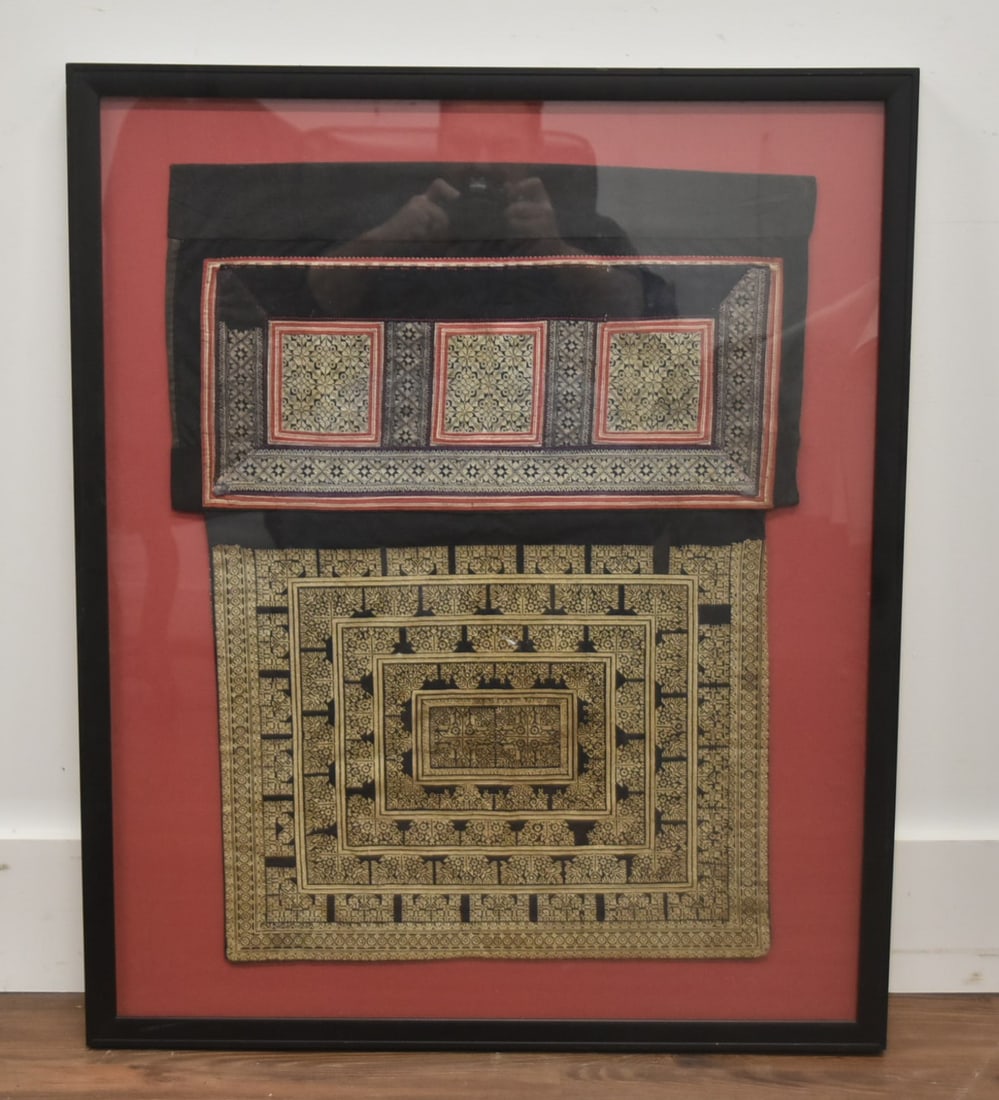 ANTIQUE GEOMETRIC DESIGN NEEDLEWORK: ANTIQUE FRAMED TURKISH ? GEOMETRIC DESIGN NEEDLEWORK - 25 1/2" x 31" OVERALL