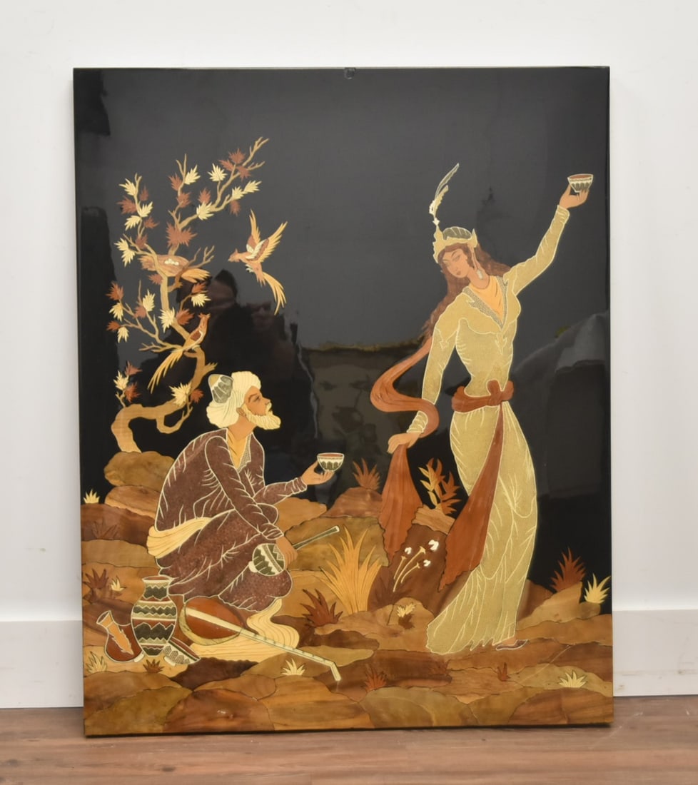 VINTAGE PERSIAN WOOD & LACQUER PLAQUE: VINTAGE PERSIAN MARQUERY INLAID PLAQUE WITH OMAR KHAYYAM RUBAIYAT STYLE SCENE OF WOMAN DANCING FOR MAN SURROUNDED BY BIRDS & TREES - 31 1/2" x 39"