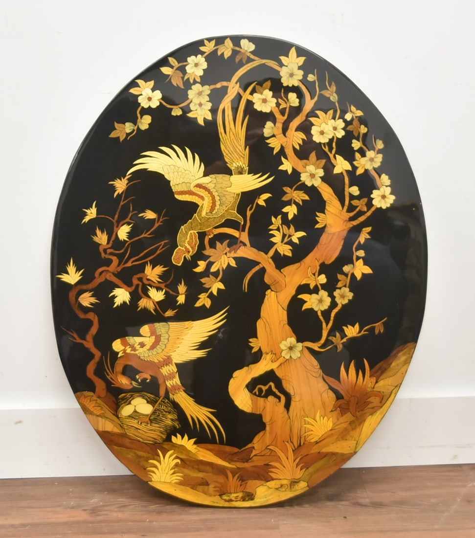 OVAL PERSIAN MARQUETRY INLAID WOOD PANEL: LARGE OVAL PERSIAN LACQUERED MARQUETRY INLAID WOOD PANEL PLAQUE OF BIRDS & TREES - 25 1/2" x 32 12"