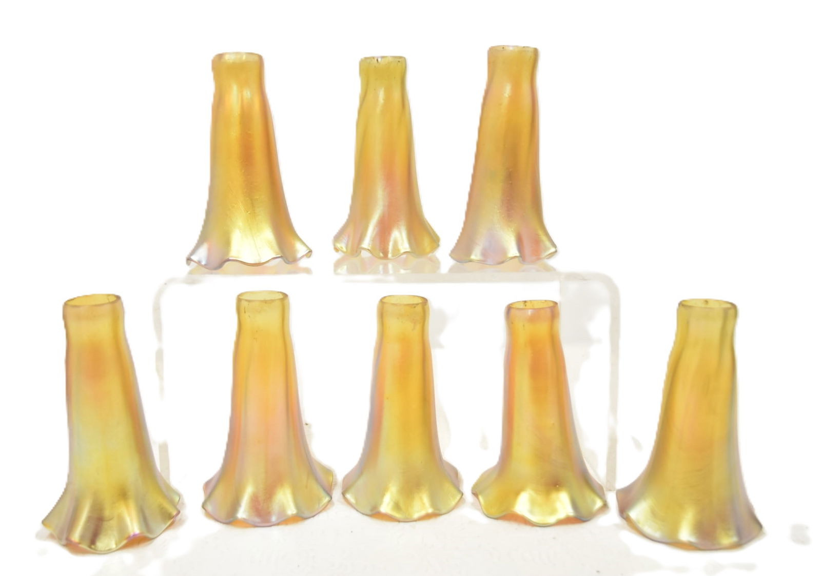 (8) LCT TIFFANY FAVRILLE ART GLASS TULIP SHADES: (8) TIFFANY ART GLASS TULIP SHADES TIFFANY IRIDESCENT ART GLASS TULIP SHADES - 2 3/4" x 4 3/4"SIGNED LCT FAVRILLE