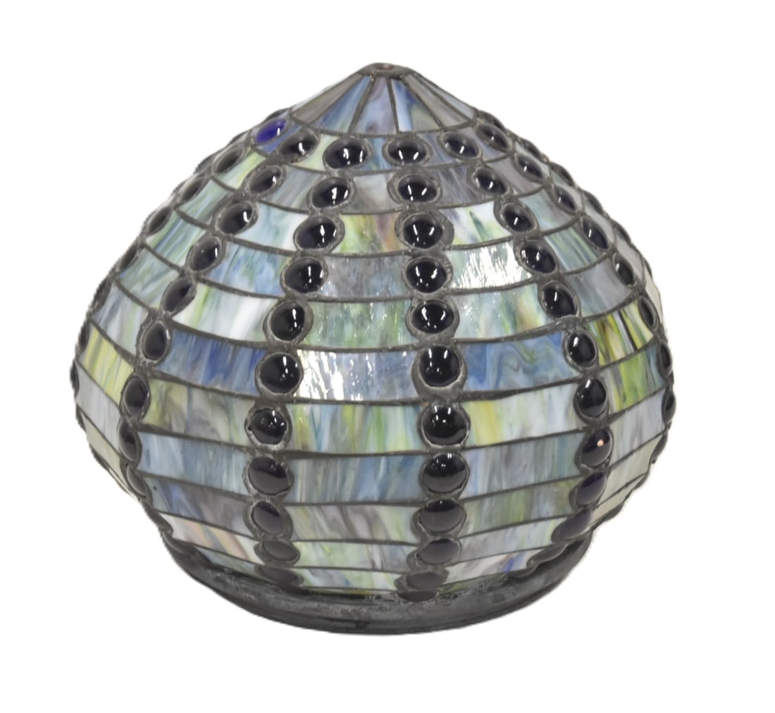 TIFFANY STYLE BEEHIVE LEADED GLASS SHADE: TIFFANY STYLE BEEHIVE LEADED GLASS PENDANT DOME WITH VERTICAL ROWS OF JEWELS - 12" x 21 1/2"