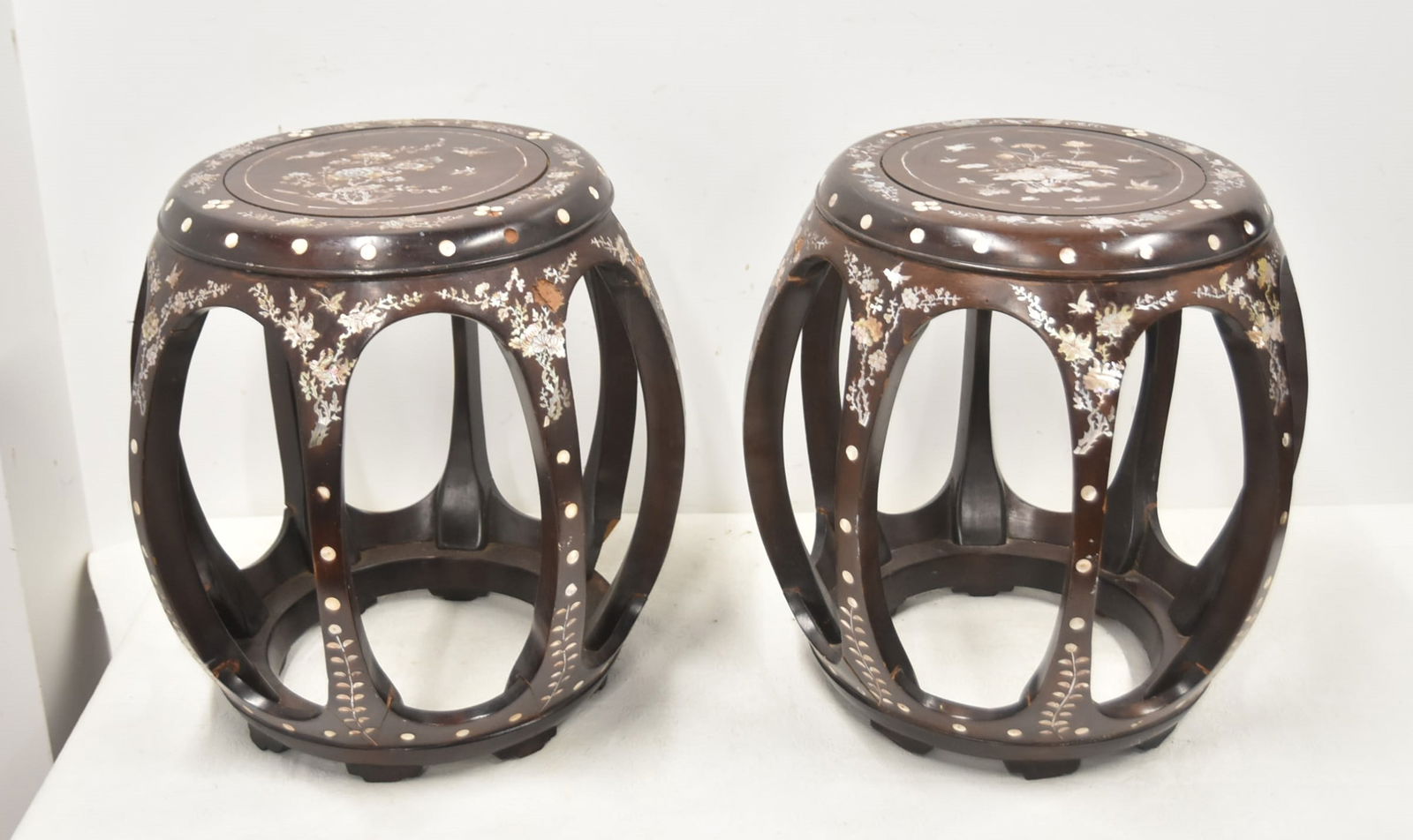 (Pr) MOTHER OF PEARL INLAID TABORET STANDS: PAIR MOTHER OF PEARL INLAID TABORET STANDS - 15" x 17" (SOME OVERALL LOSS)