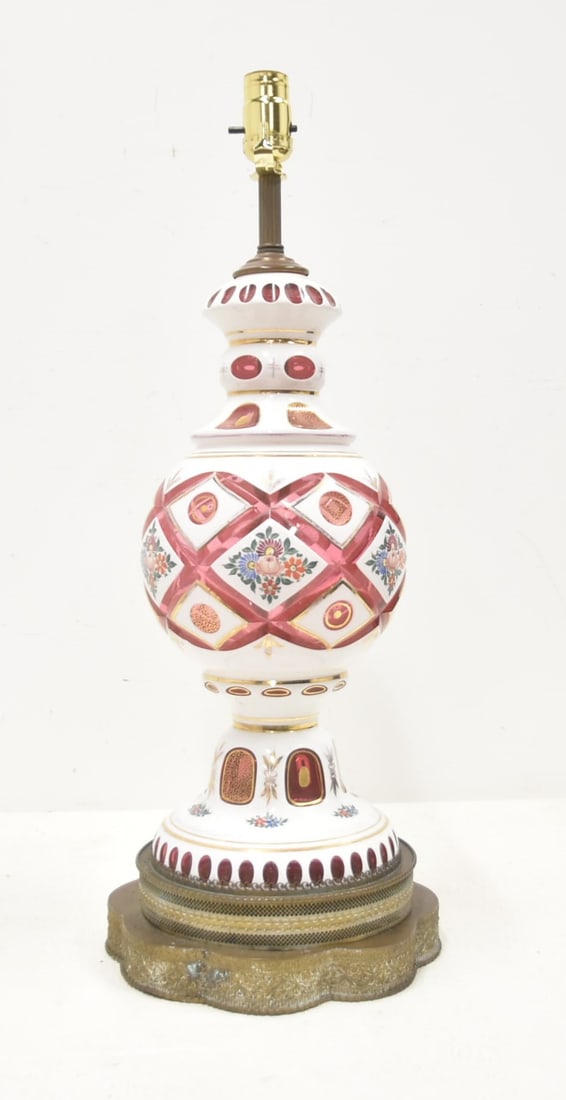 LARGE BOHEMIAN OVERLAY LAMP: LARGE BOHEMIAN CZECHOSLAVAKIAN WHITE OVER CRANBERRY GLASS LAMP - 9" x 24 1/2"