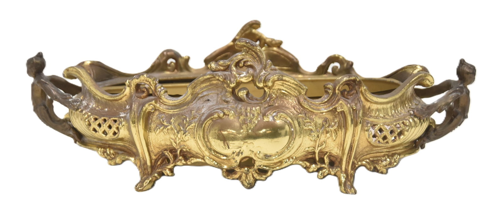 LXV STYLE GILT METAL PLANTER CENTERPIECE: LXV STYLE GILDED METAL PLANTER CENTERPIECE WITH WINGED FIGURAL HANDLES & REMOVEABLE INSERT - 17" x 9" x 5 1/2"