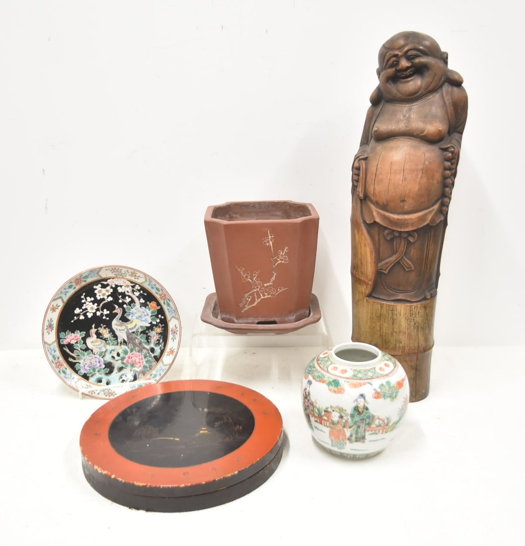 CHINESE PORCELAIN / CLAY / BAMBOO BUDDHA: LARGE CHINESE BAMBOO BUDDHA - 7" x 25" / CHINESE CLAY PLANTER WITH UNDER PLATE - 9" x 8 1/2' / CHINESE PORCELAIN GINGER JAR (NO LID) / CHINESE PORCELAIN PLATE / CHINESE PORCELAIN CONDIMENT SET IN BOX