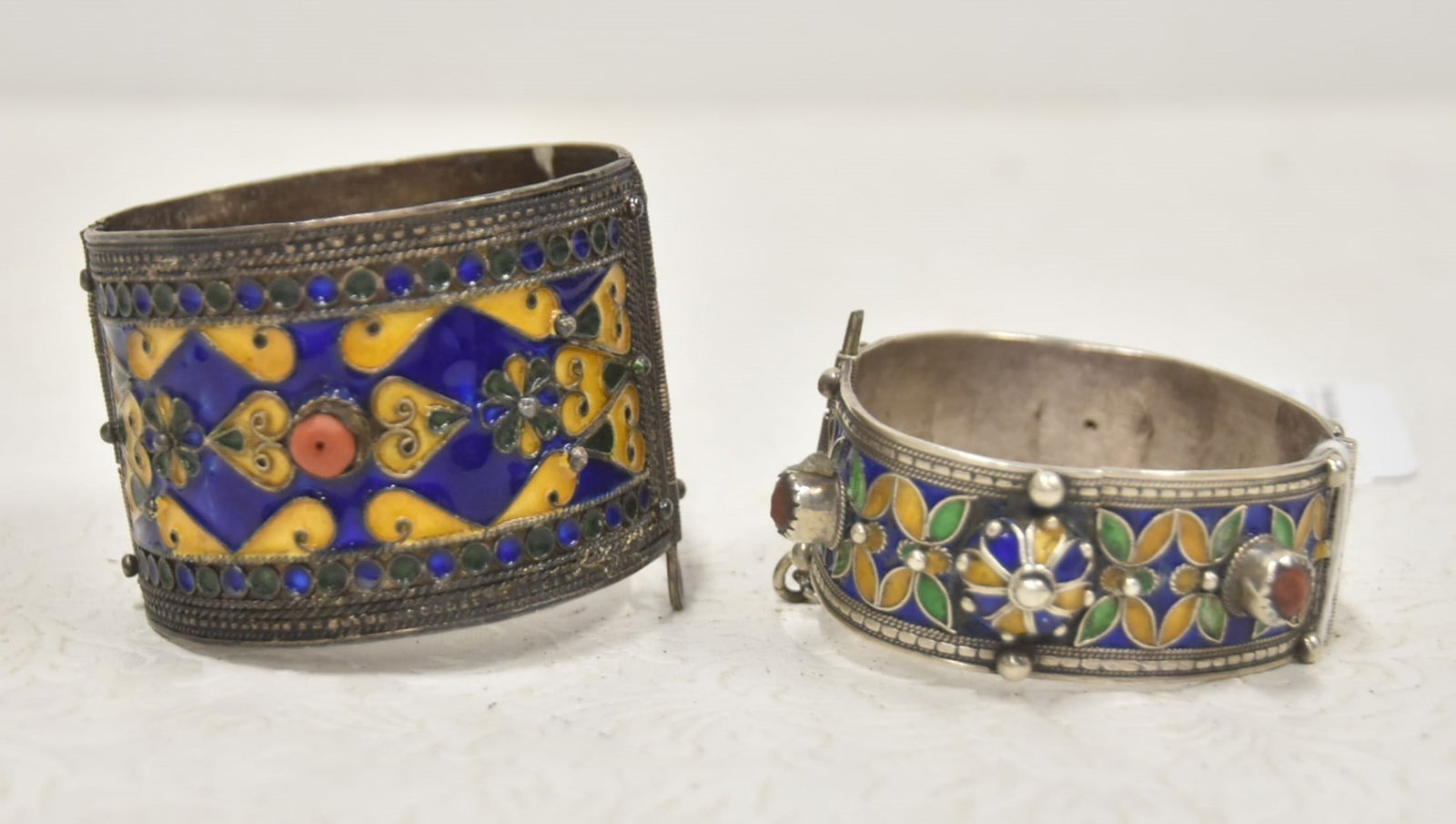 (2) SILVER & ENAMEL TRIBAL CUFF BRACELETS (1 of 7)
