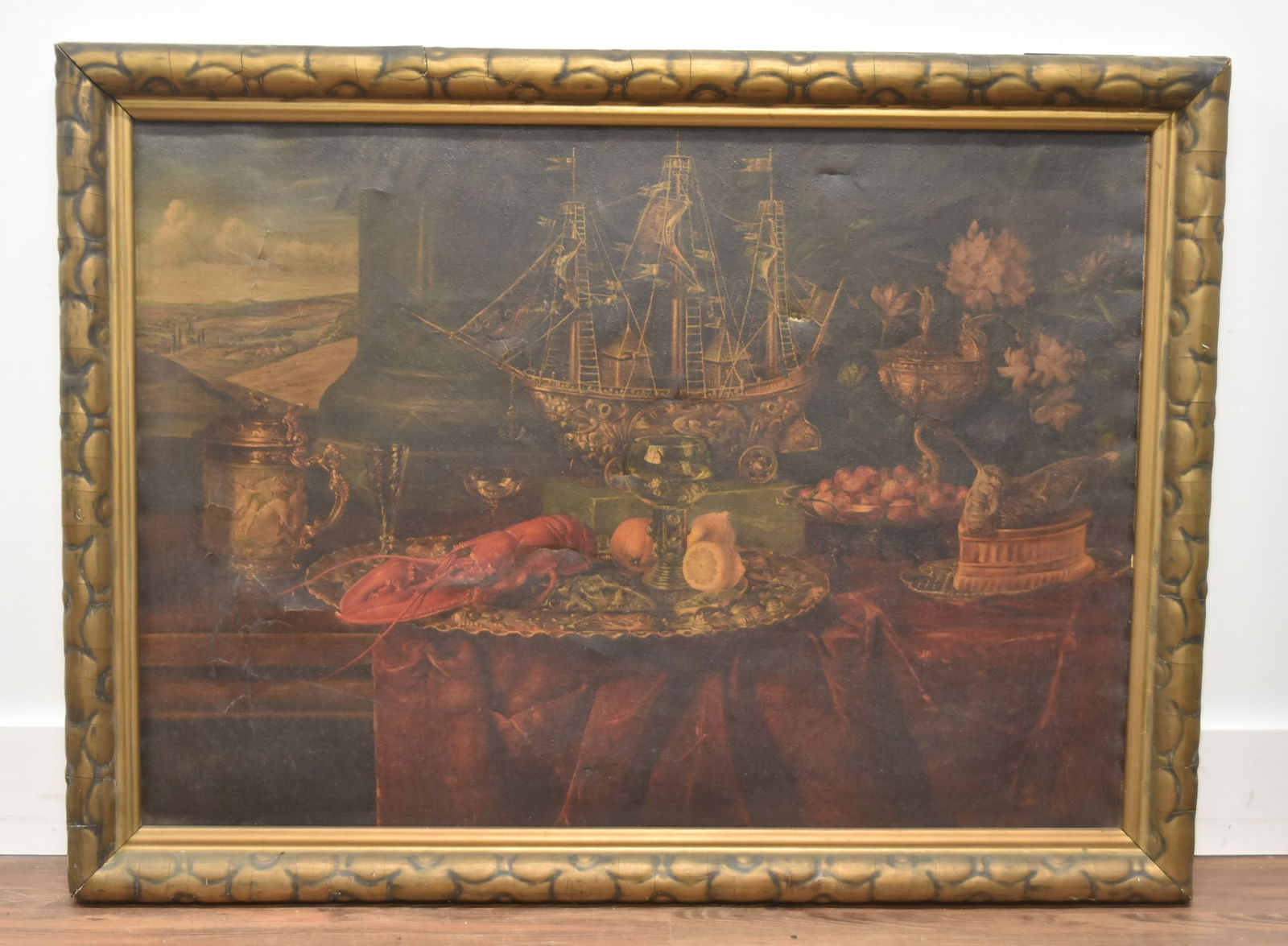 ANTIQUE PRINT ON CANVAS STILL LIFE: ANTIQUE PRINT ON CANVAS OF STILL LIFE INCLUDING LOBSTER DINNER , SHIPS & TANKARDS - 39" x 28" ; 44" x 33" OVERALL FRAMED