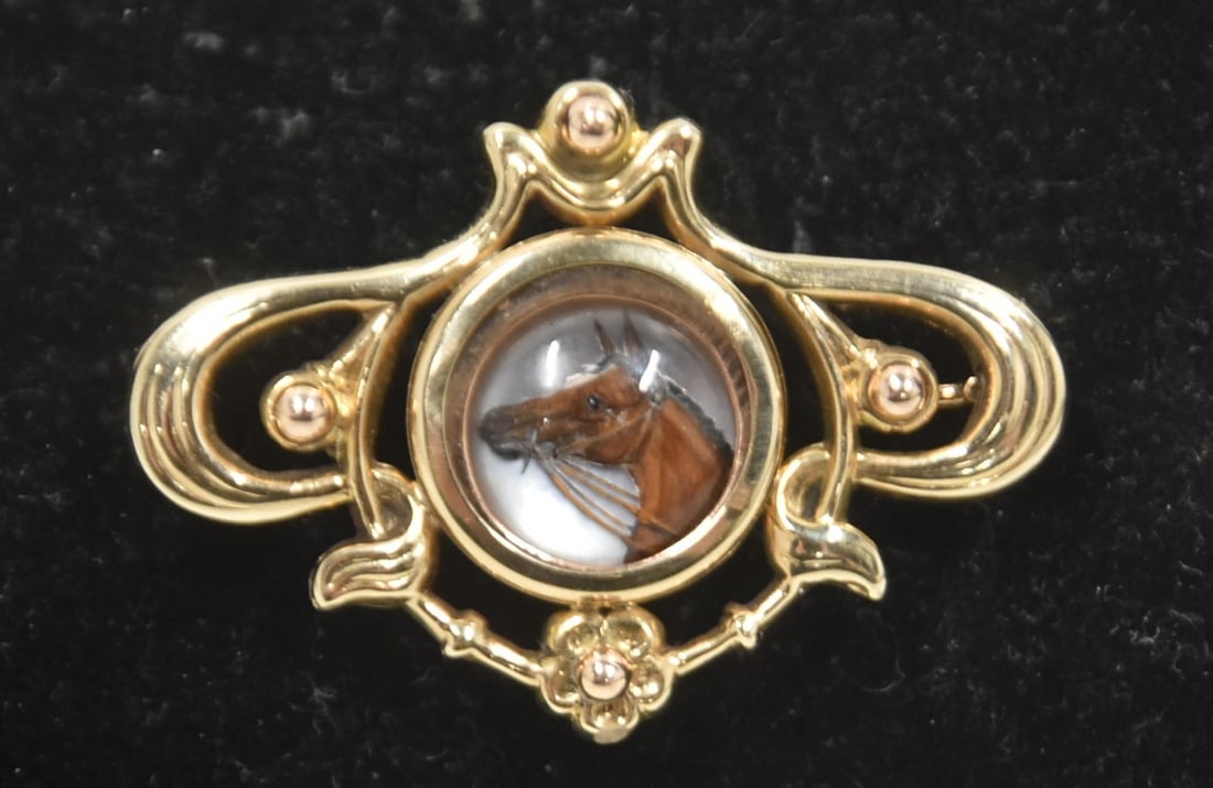 VICTORIAN 14kt GOLD MOUNTED HORSE INTAGLIO PIN (1 of 9)