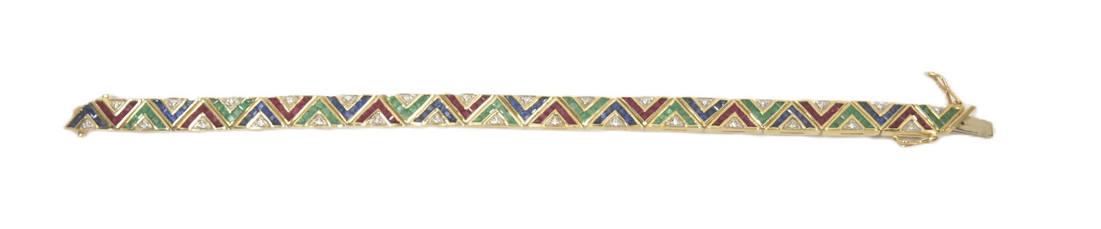 14kt GOLD MULTI GEMSTONE BRACELET: 14kt GOLD EMERALD , DIAMOND , RUBY & SAPPHIRE BRACELET - 7" LONG ; 21.4grams