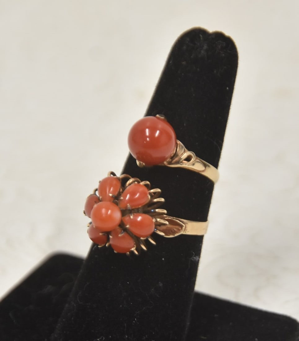 (2) 18kt GOLD & CORAL RINGS: (2) 18kt GOLD & CORAL RINGS ONE IS SIZE 7 1/2 ; OTHER IS 5 1/2