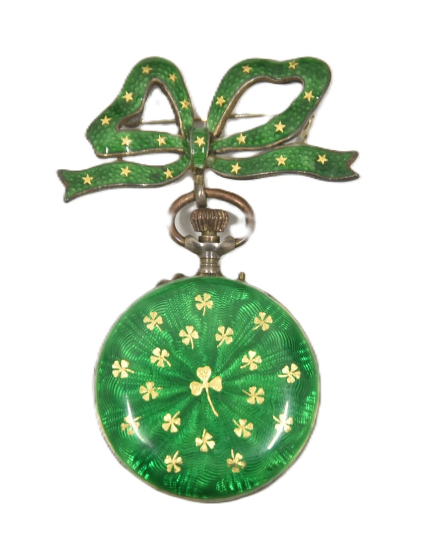 ARGENT LADIES GUILLOCHE ENAMEL LAPEL WATCH: ARGENT DORE 800 SILVER & GUILLOCHE ENAMEL LADIES LAPEL WATCH WITH GOLD 4-LEAF CLOVER DESIGNS OVER GREEN ENAMEL WITH BOW PIN ; SWISS ARGENT DORE ENAMEL WATCH - FACE IS 1" ; 2 1/4" OVERALL