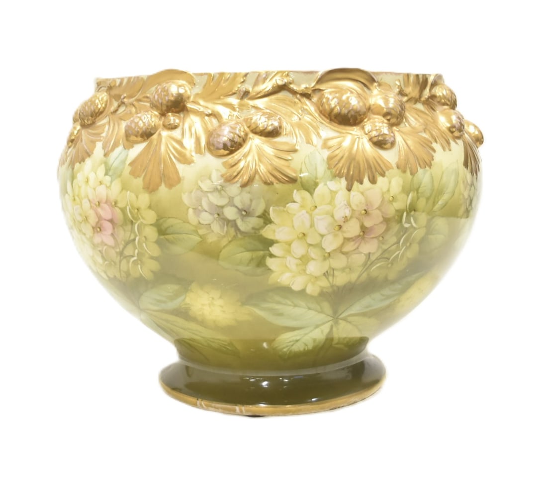 LARGE ROYAL BONN ? PORCELAIN JARDINIERE: LARGE UNSIGNED ROYAL BONN ? PINE CONE PATTERN PORCELAIN JARDINERE WITH RAISED DESIGNS ; ARTIST SIGNED MUNCHBACH - 16" x 13"