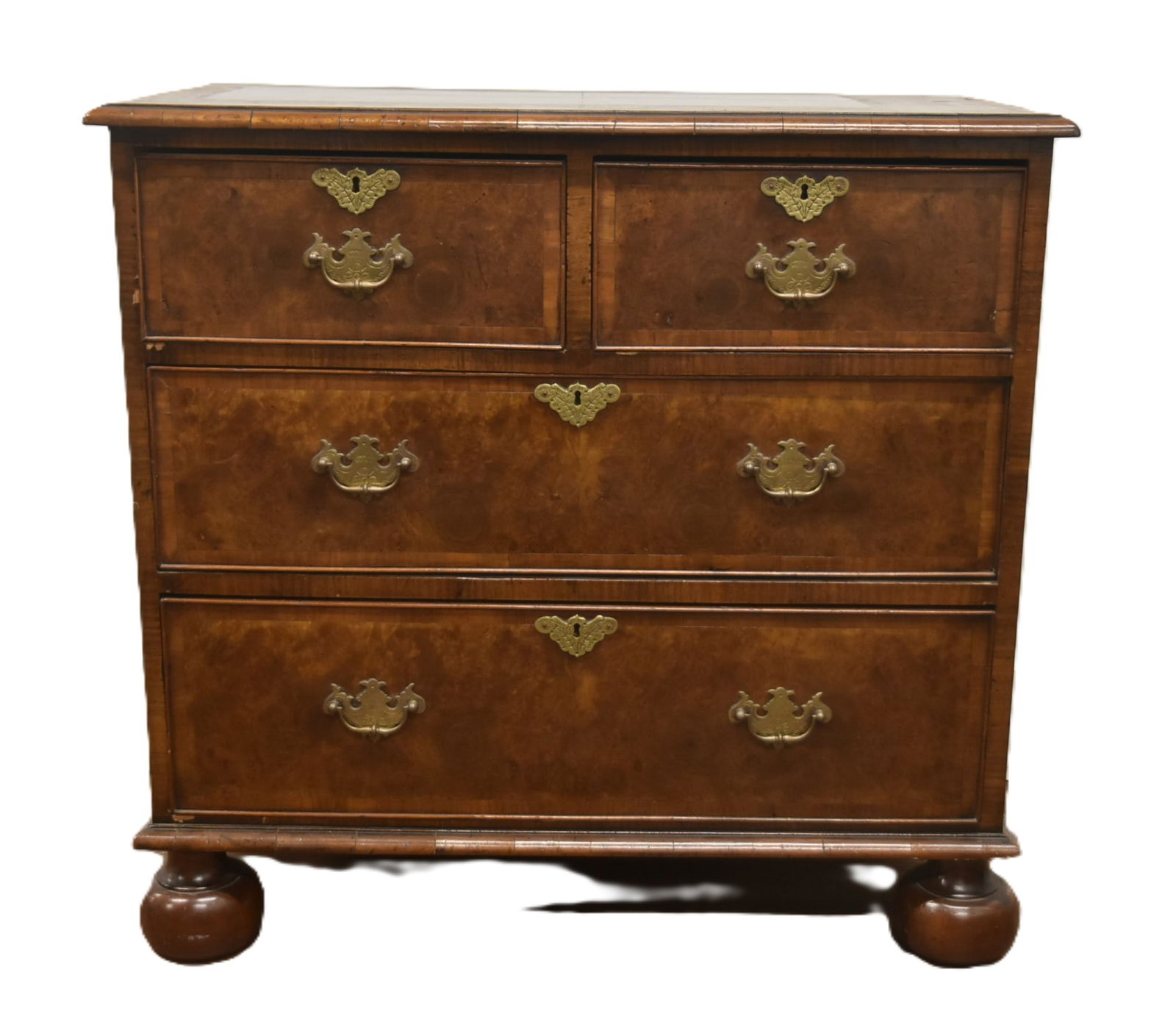 19thC ENGLISH BURLED WALNUT CHEST OF DRAWER: 19th CENTURY GEORGE II BANDED BURLED WALNUT CHEST OF DRAWERS RAISED ON BUN FEET & BRASS HARDWARE - 33" x 17" x 32" (SOME MINOR VENEER LOSS)