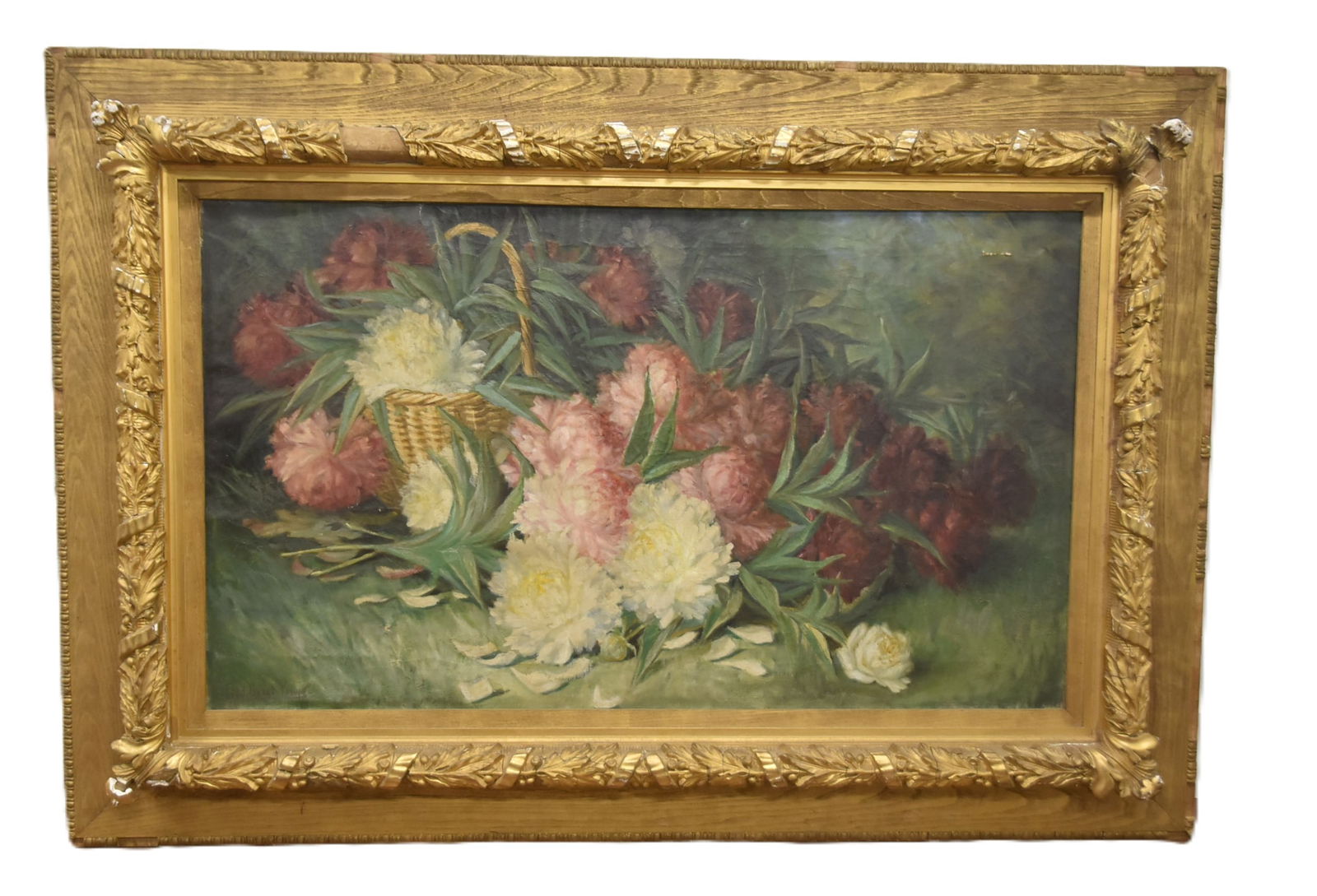 FRED GRANT YOUNG , LARGE OIL ON CANVAS FLOWERS: FRED GRANT YOUNG (AMERICAN, 1859-?) LARGE OIL ON CANVAS FLORAL STILL LIFE STUDY OF BASKET OF FLOWERS , SIGNED FRED GRANT YOUNG , LOWER LEFT , SET IN ORNATE GILT GESSO FRAME - 48" x 28" ; 64" x 44" OVE