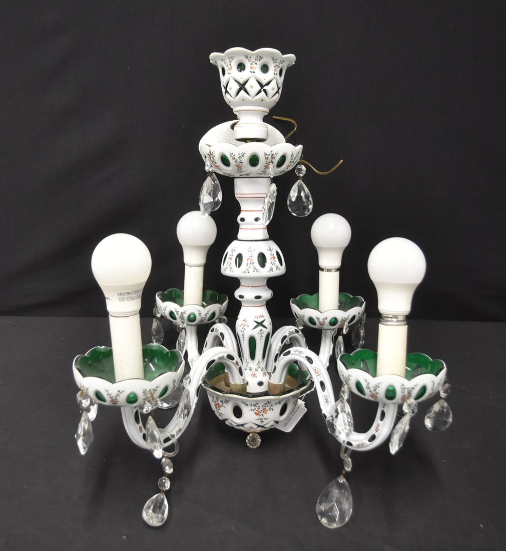 BOHEMIAN CUT TO CLEAR 4-ARM CHANDELIER: BOHEMIAN WHITE CUT TO GREEN GLASS 4-ARM CHANDELIER - 15" x 20"