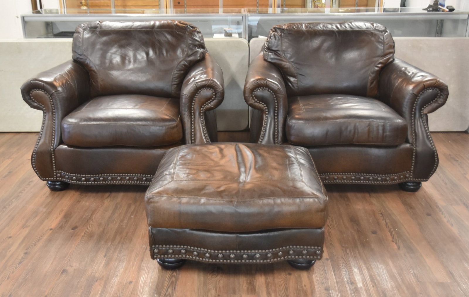 PAIR LEATHER CLUB CHAIRS & OTTOMAN (1 of 16)