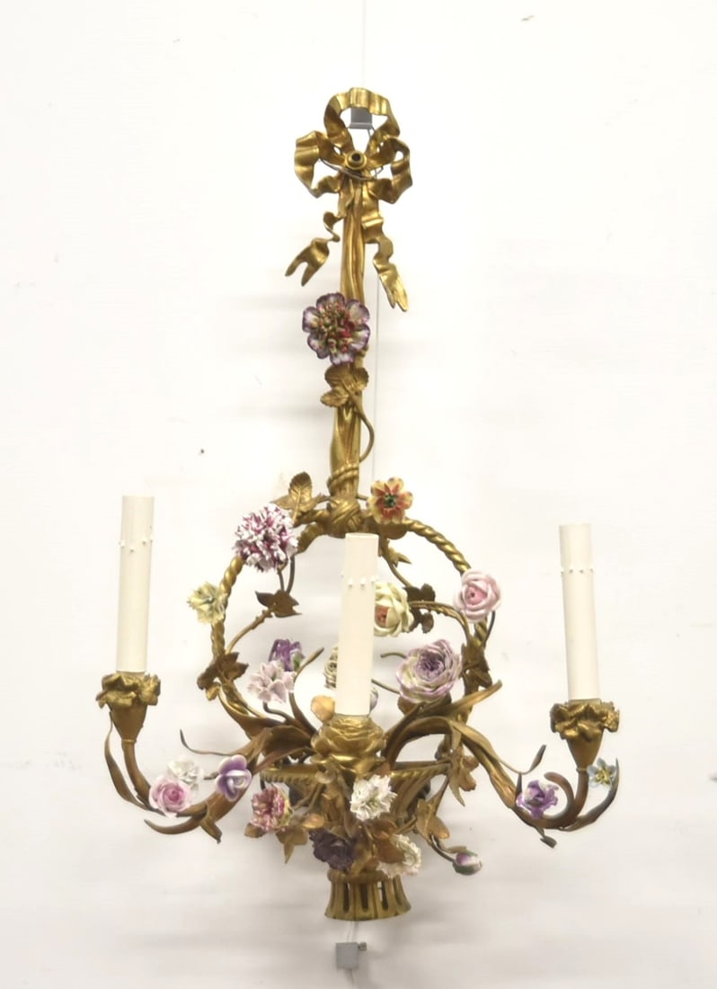 3-ARM GILT BRONZE & FLOWER BASKET SCONCE: 3-ARM GILT BRONZE FLOWER BASKET SCONCE WITH ENCRUSTED PORCELAIN FLOWERS - 16" x 8" x 24 1/2"