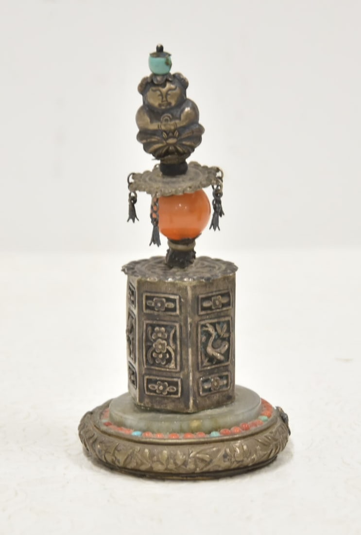 TIBETAN SILVER JADE & AGATE STATUE (1 of 11)