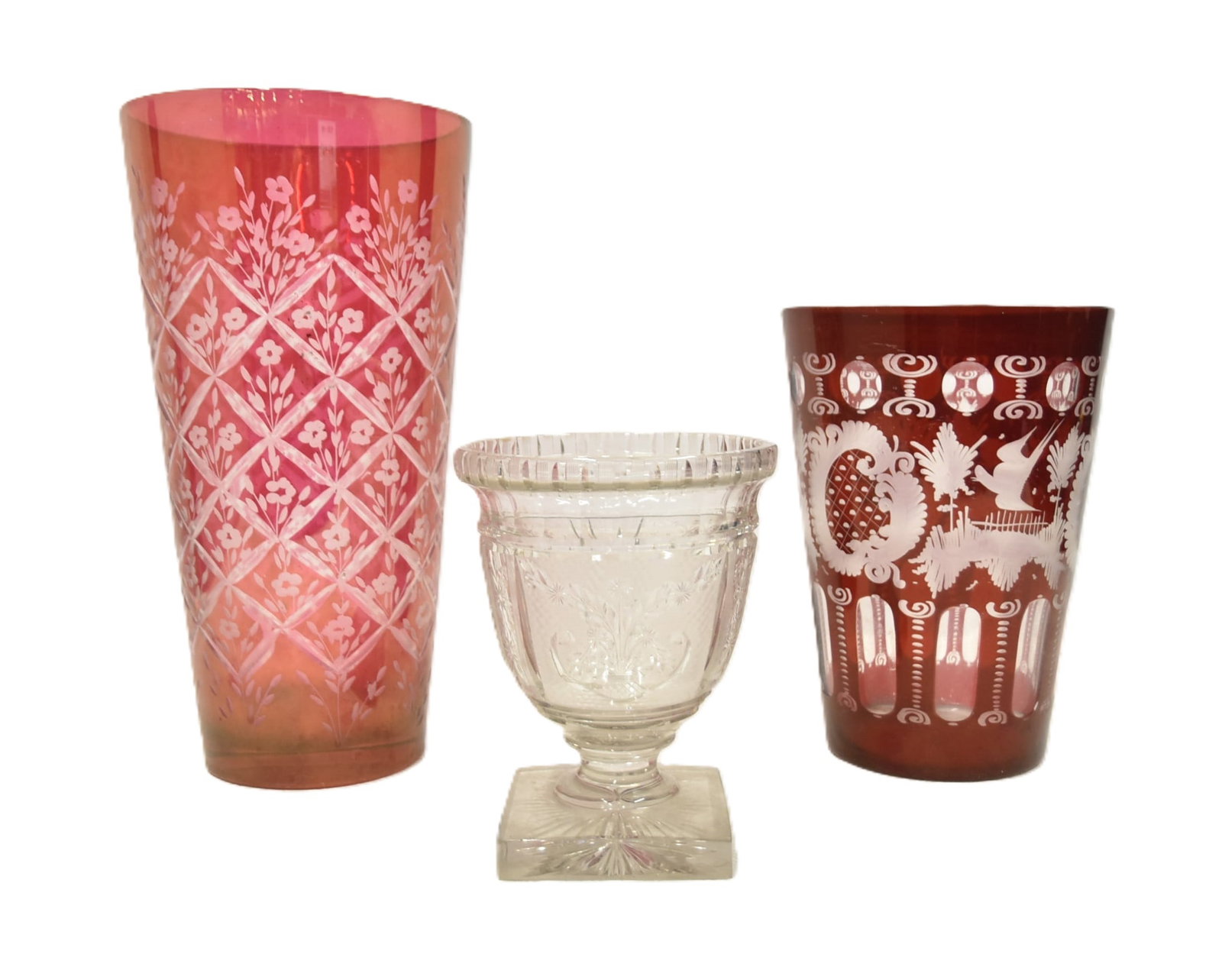 (2) CRANBERRY CUT TO CLEAR VASES & ETCHED VASE (1 of 12)