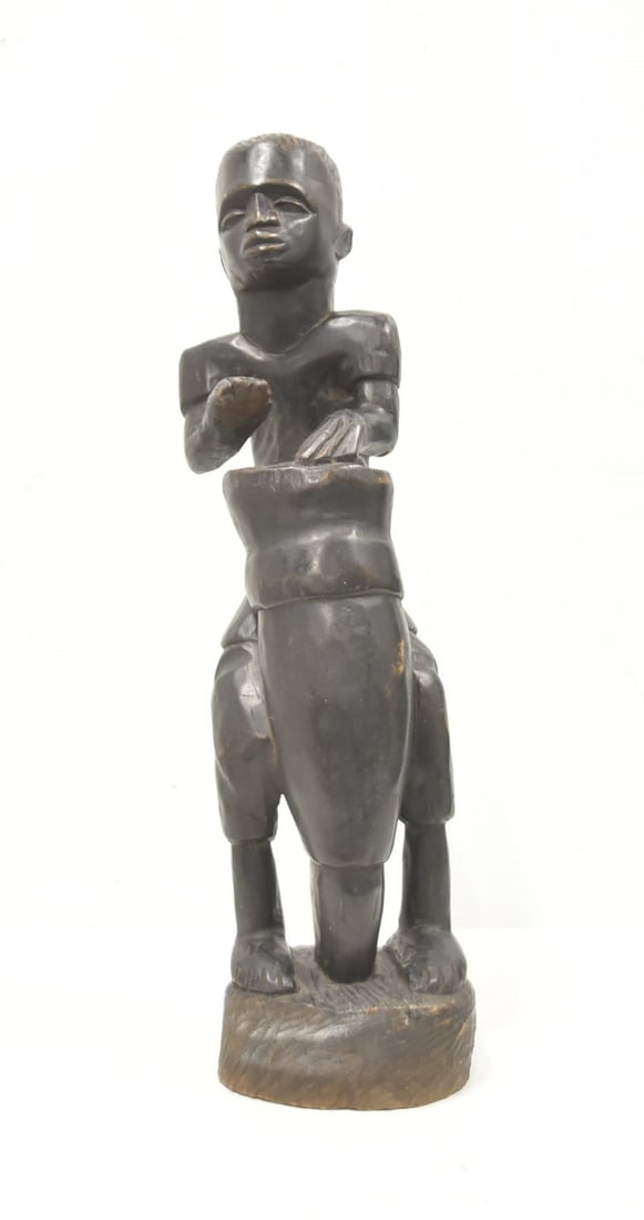 LARGE ANTIQUE AFRICAN CARVING OF MAN PLAYING DRUM (1 of 10)