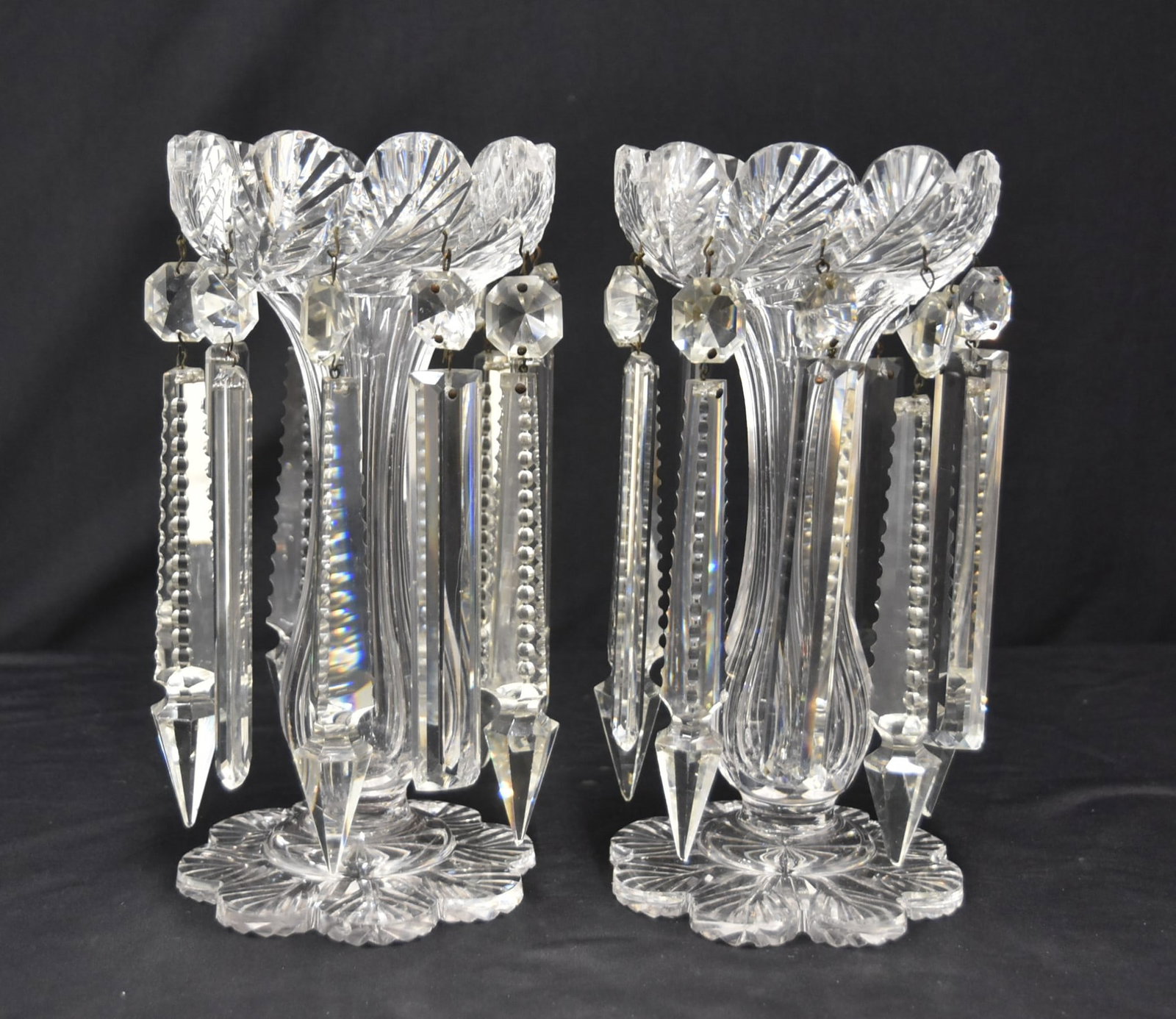 PAIR ANTIQUE CUT GLASS LUSTRE CANDLESTICKS (1 of 10)
