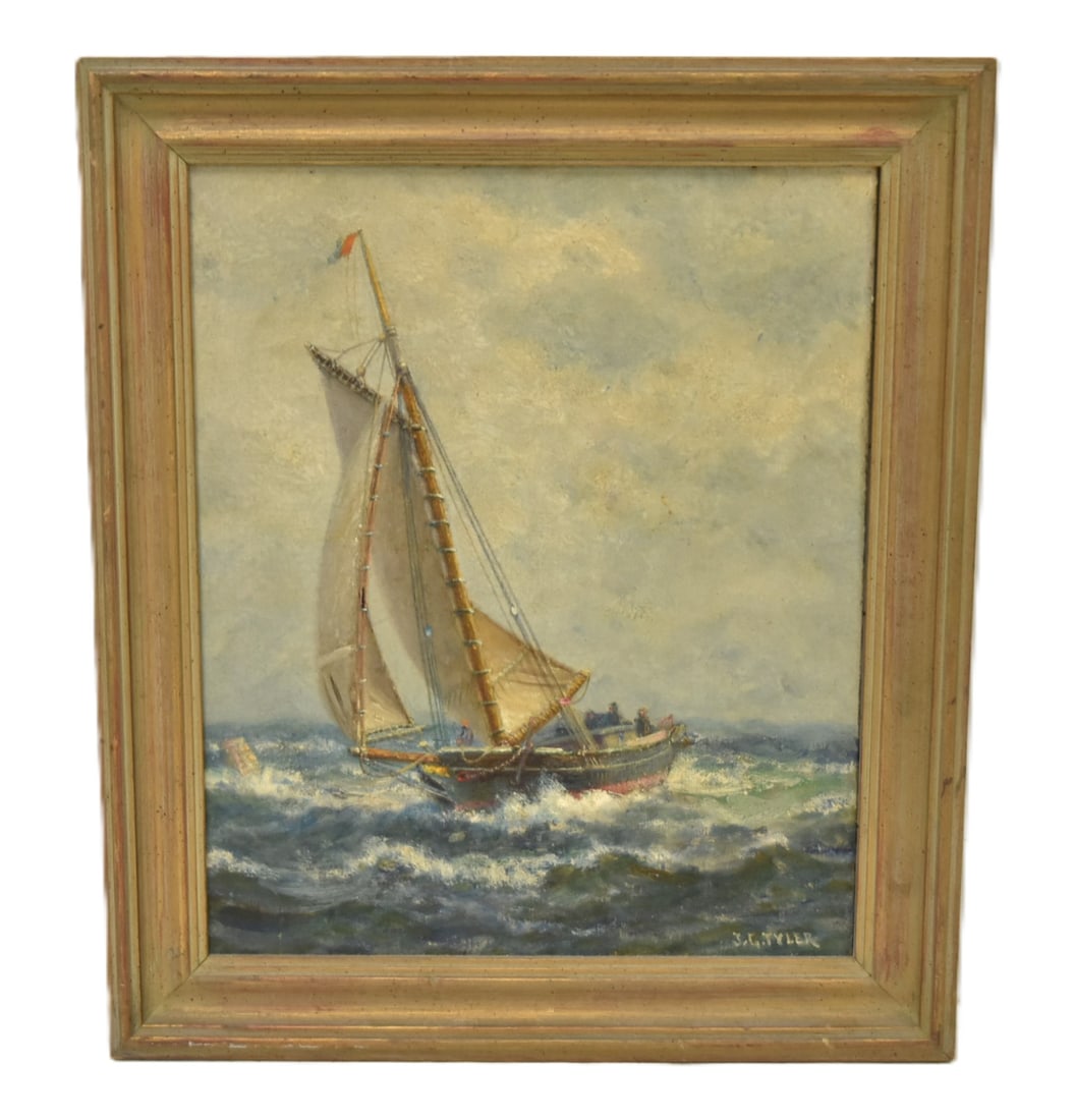 JAMES GALE TYLER , OIL ON BOARD SAILBOAT: JAMES GALE TYLER JG TYLER (CT, 1855-1931) MARITIME NAUTICAL OIL ON BOARD PAINTING OF SAILBOAT ON ROUGH SEAS , SIGNED JG TYLER , LOWER RIGHT - OIL IS 10" x 12" ; 13" x 14 1/2" OVERALL