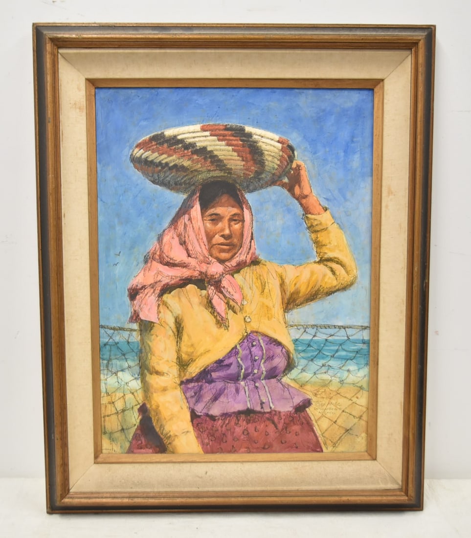 TOM HILL ACRYLIC ON BOARD PAINTING: TOM HILL (AMERICAN, b. 1925) ACRYLIC OIL ON BOARD, TITLED SERI INDIAN WITH BASKET SIGNED TOM HILL , DESEMBIQUE MEXICO OIL IS 19" x 25" ; OVERALL FRAMED IS 25" x 31"