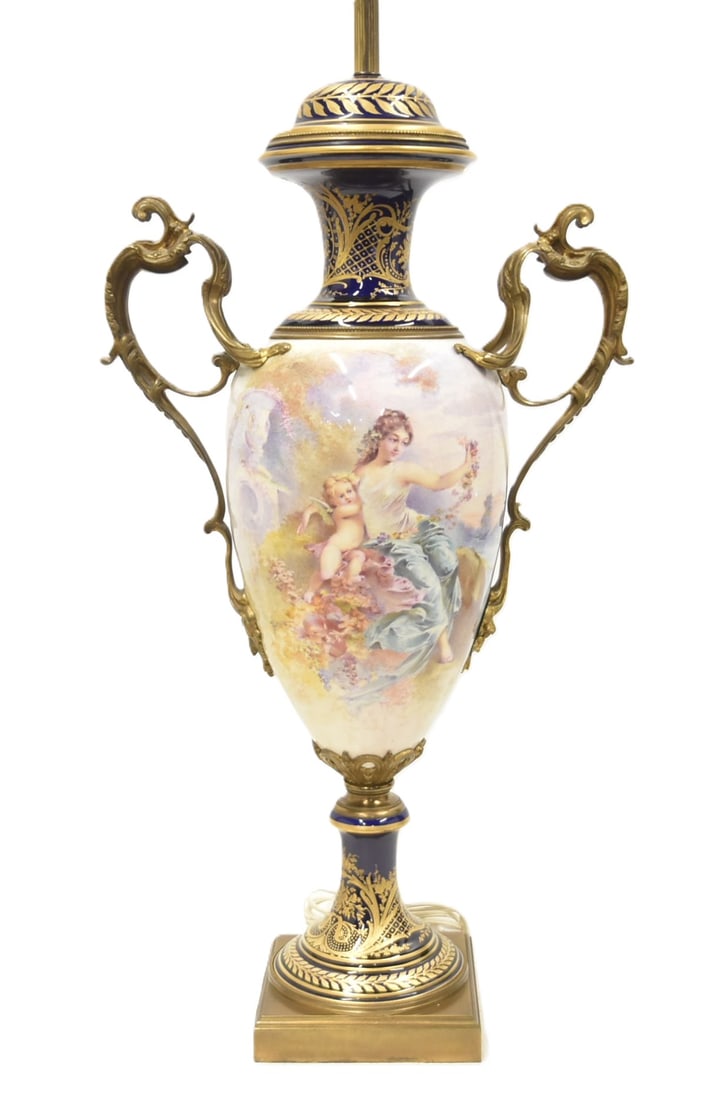 LARGE HAND PAINTED SEVRES PORCELAIN URN LAMP: LARGE HAND PAINTED LAPIS BLEU COBALT PORCELAIN GROUND SEVRES COVERED URN MOUNTED AS LAMP ; WITH LARGE CONTINUOUS MAIDEN WITH CHERUBS SCENE ; ARTIST SIGNED ; WITH LANDSCAPE INVERSO - HAND PAINTED SEVRE