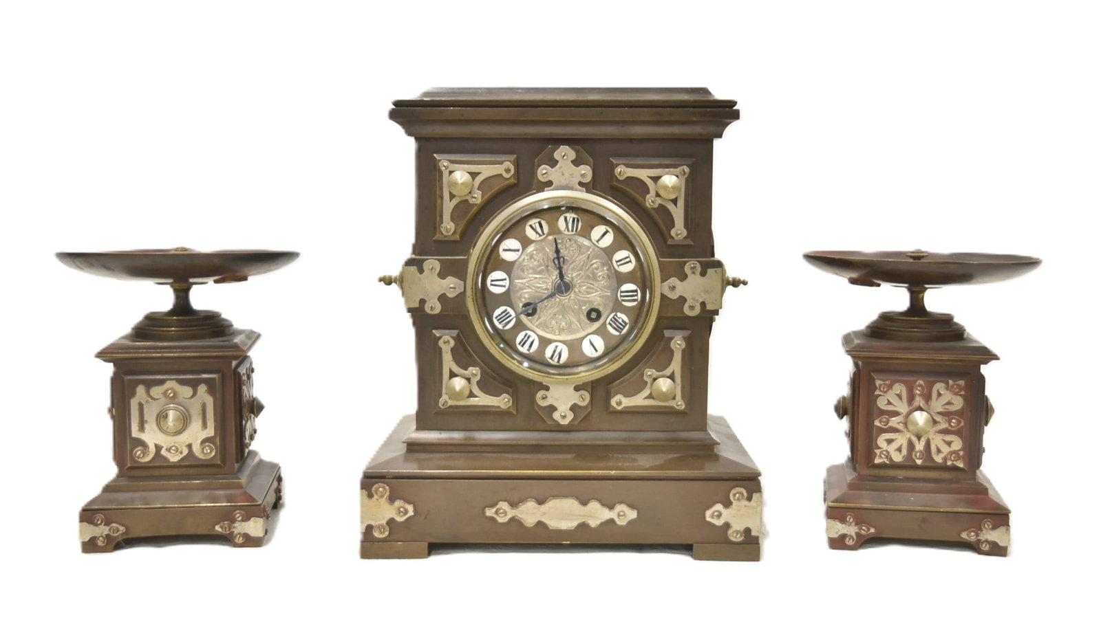 19thC FRENCH AESTHETIC BRONZE CLOCK SET (1 of 14)