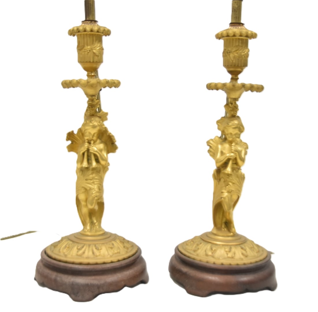 (Pr) 19thC ROCOCO REVIVAL GILT BRONZE PUTTI LAMPS (1 of 8)